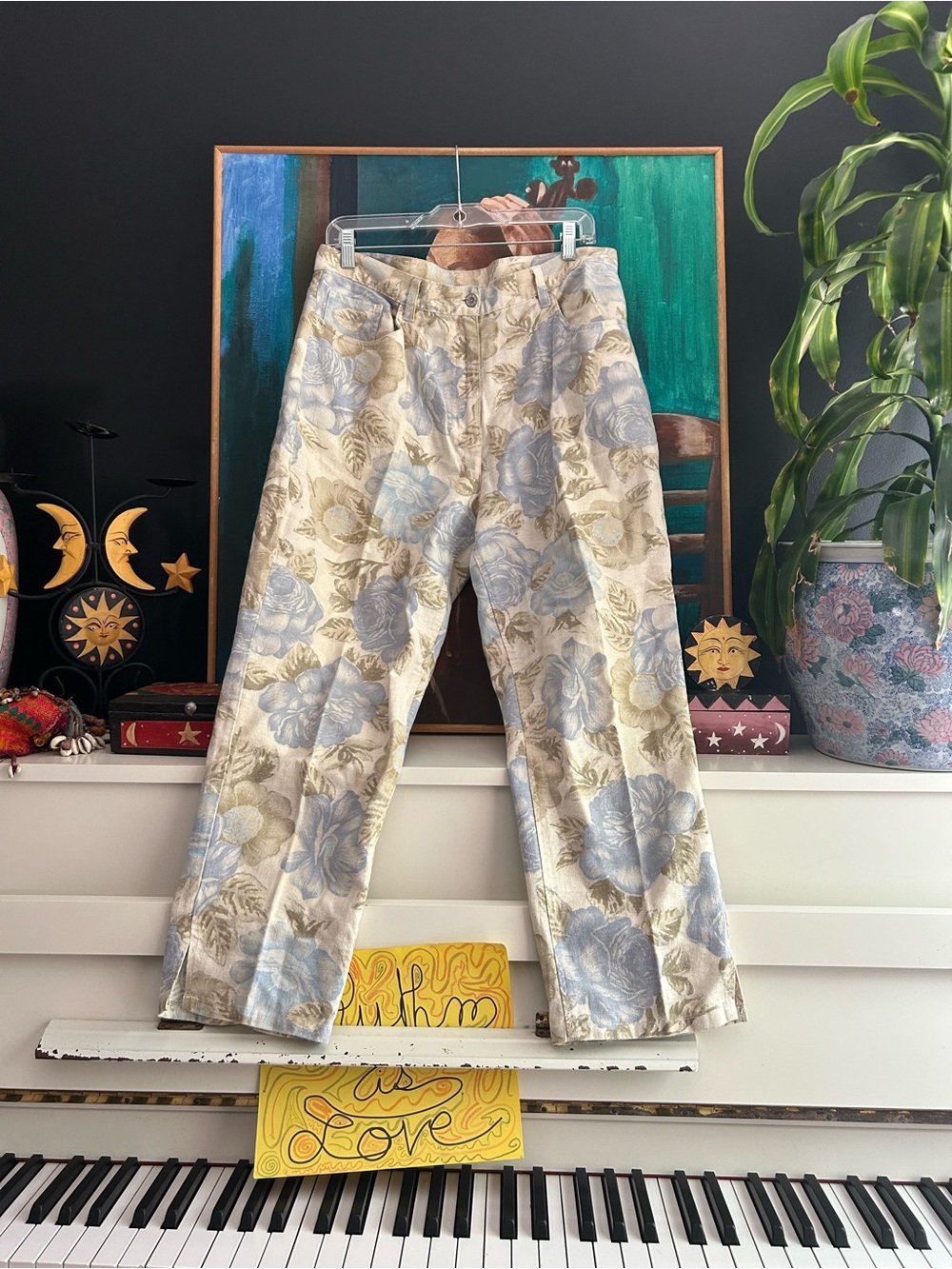 Bill Blass Linen Blend Floral Pants Size 12 Cottagecore Y2K Straight Leg